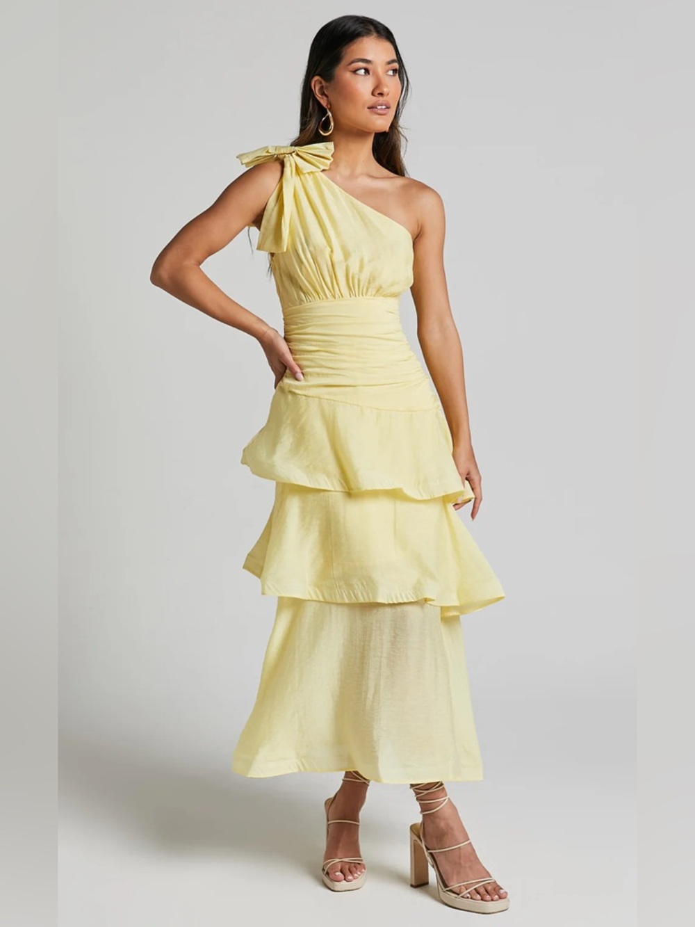 Showpo One-Shoulder Tiered Midi Dress in Pale Yellow